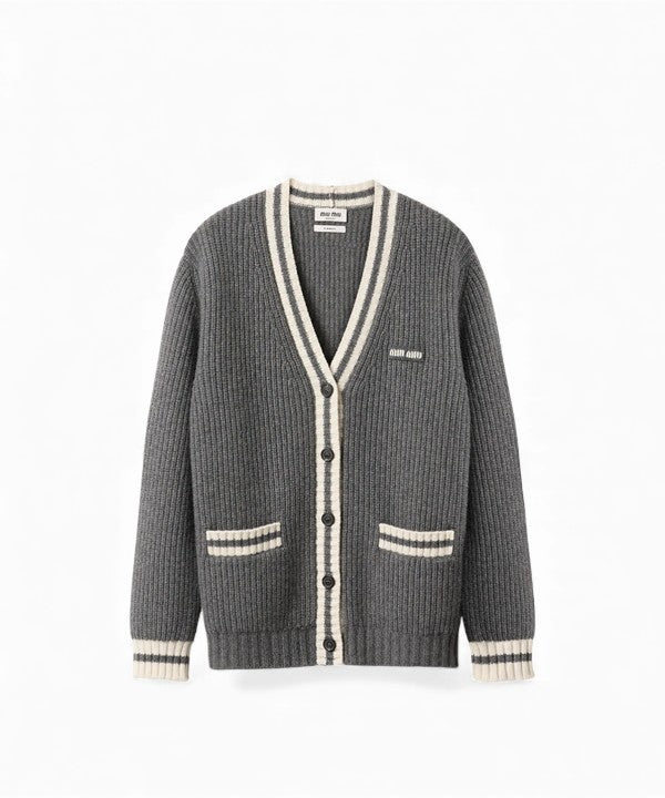 미우미우 립드 니트 울 앤 캐시미어 가디건 슬레이트 그레이
