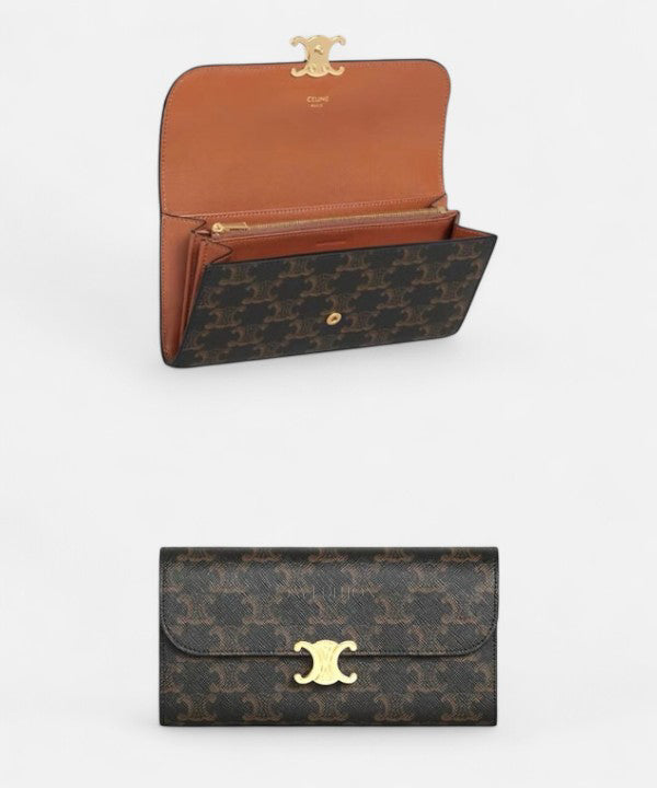 셀린느 트리옹프 캔버스 장지갑 트리옹프 코팅 캔버스와 가죽 트리밍, 플랩 클로저와 넉넉한 수납공간이 돋보이는 여성용 장지갑