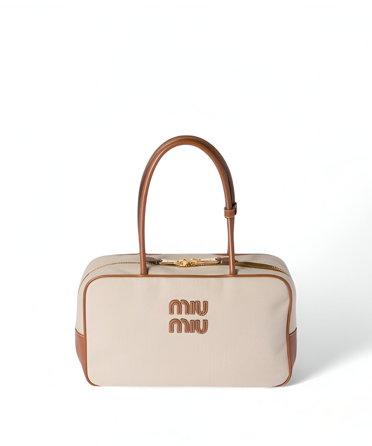 미우미우 캔버스 및 가죽 보 백 라지 리본 장식 캔버스 가죽 토트백