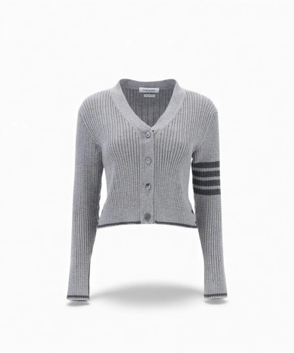 톰브라운 메리노 울 사선 크롭 가디건 라이트 그레이