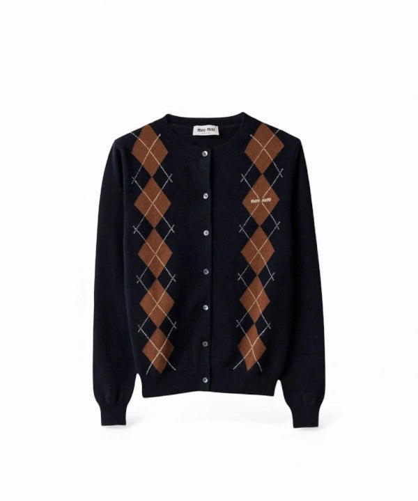 미우미우 아가일 캐시미어 가디건 블루