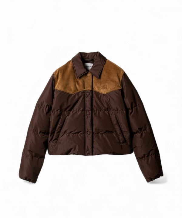 미우미우 테크니컬 폰지 앤 레더 다운 자켓 커피