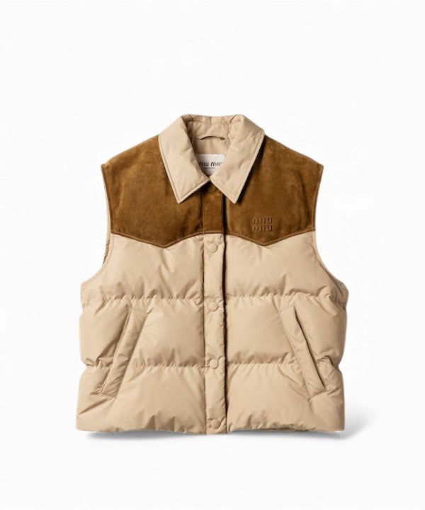 미우미우 테크니컬 폰지 앤 레더 다운 베스트 코드