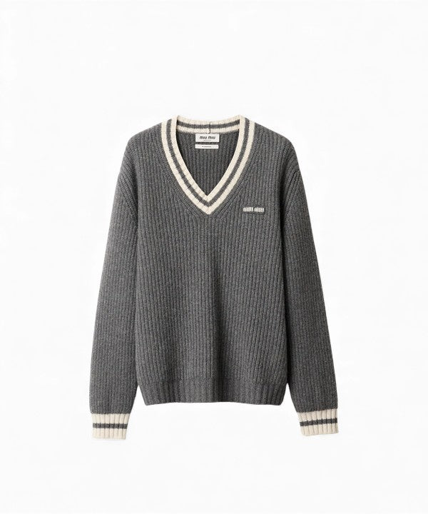 미우미우 울 앤 캐시미어 브이넥 스웨터 슬레이트 그레이