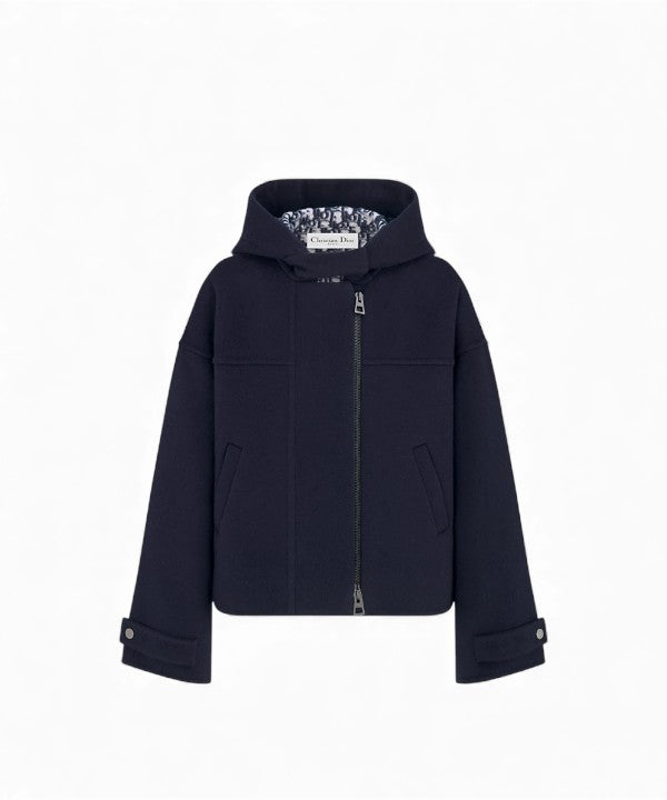 디올 지퍼 후드 네이비 블루 양면 버진 울 실크 피코트