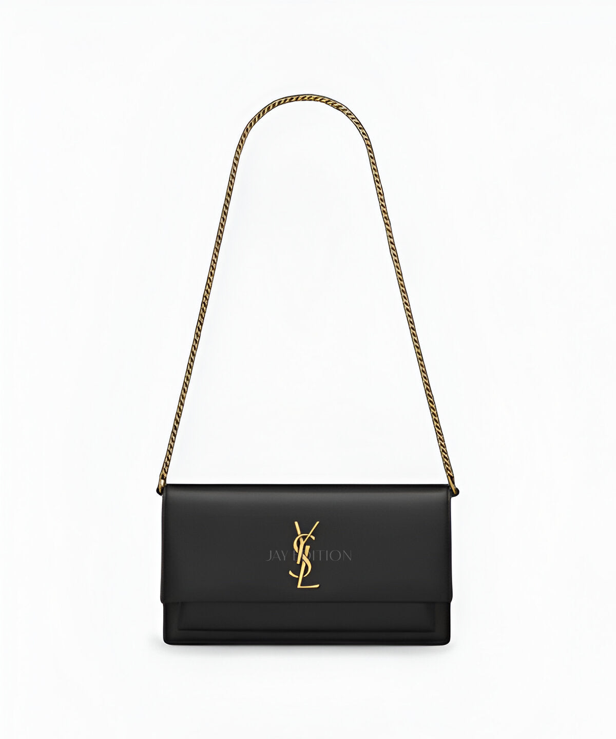 생로랑 선셋 WOC 블랙 카프스킨 YSL 로고 플랩 클로저 체인 스트랩 컴팩트한 월렛 온 체인 디자인