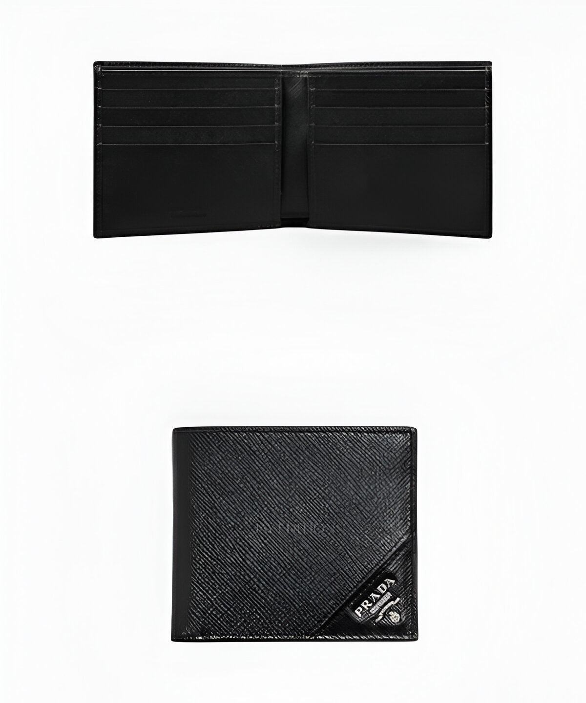 프라다 사피아노 레더 반지갑, 견고한 사피아노 가죽으로 제작된 클래식한 남성용 반지갑으로, 전면에 프라다 메탈 로고가 세련되게 부착되어 있으며, 내부에 카드 슬롯, 지폐 수납 공간, 코인 포켓이 포함된 실용적이고 고급스러운 디자인