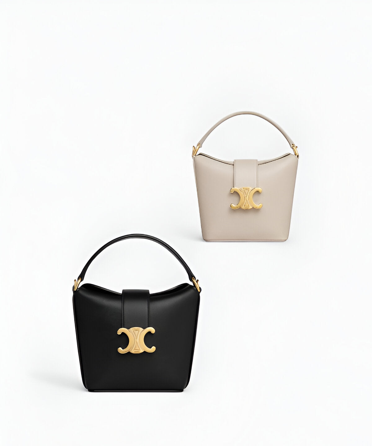 셀린느 트리옹프 버킷백 레더 미니 스무스 가죽 소재 트리옹프 로고 장식 스트링 클로저 디테일의 미니 버킷백