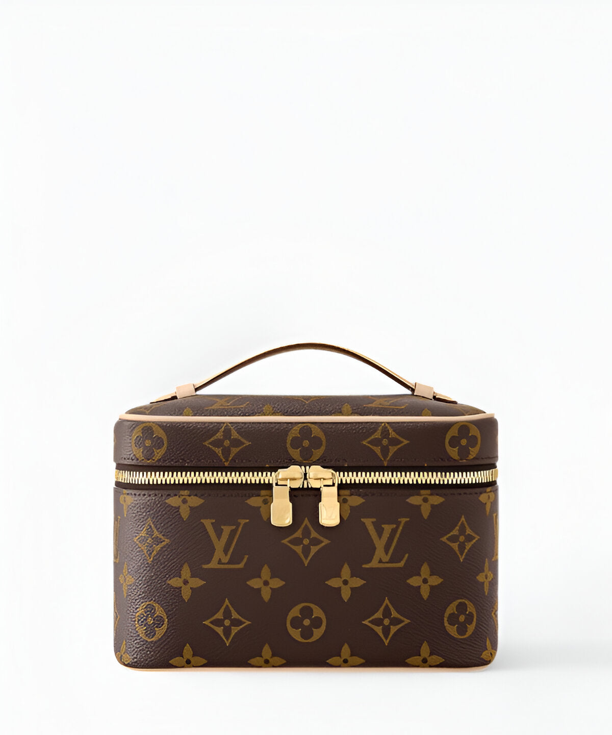 루이비통 니스 미니 클래식 모노그램 캔버스 상단 핸들 디테일 지퍼 클로저 구조의 컴팩트한 뷰티 케이스 스타일 미니백