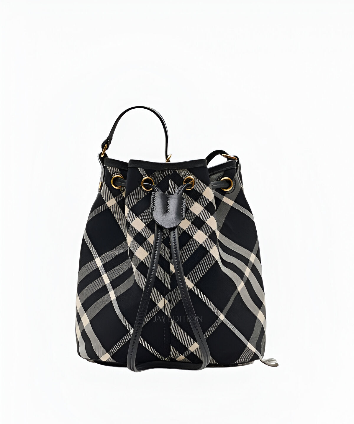 버버리 미니 체크 버킷 백 체크 캔버스와 가죽 트리밍 디테일