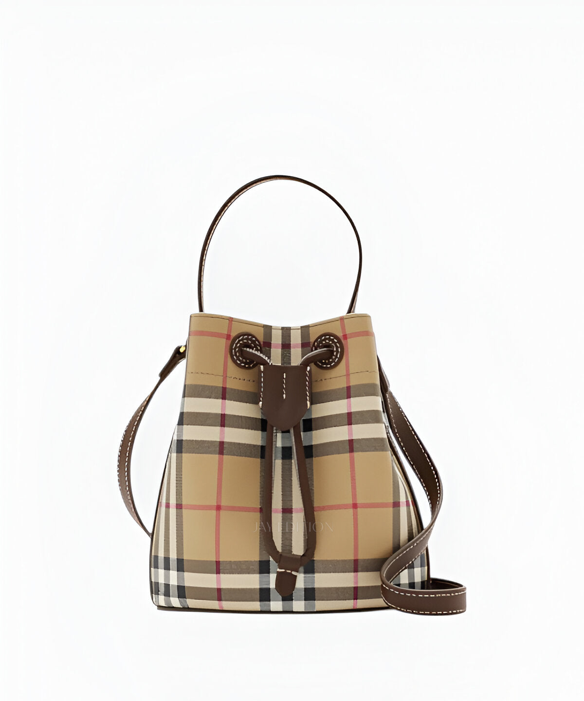 버버리 미니 체크 버킷 백 체크 캔버스와 가죽 트리밍 디테일