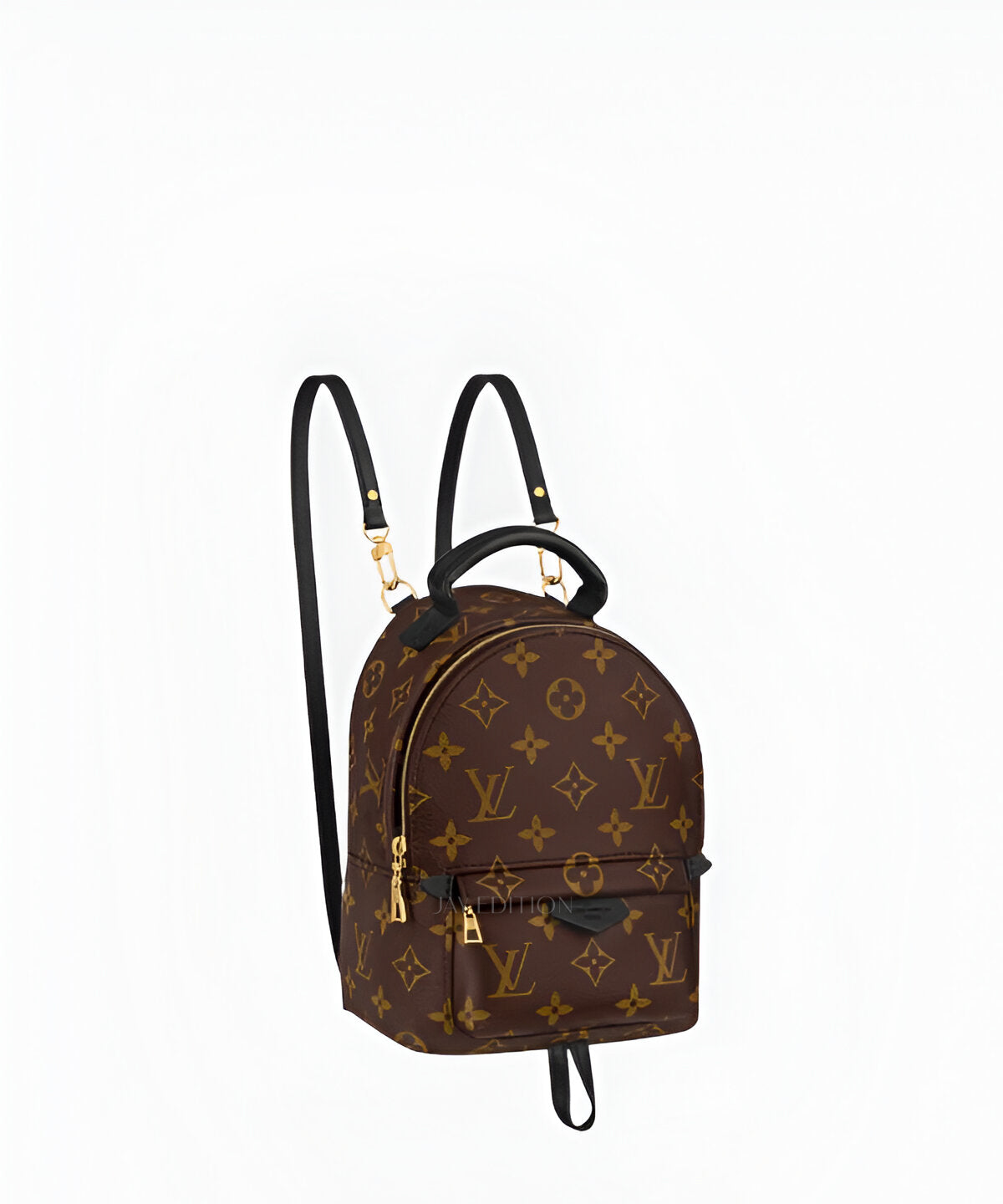 루이비통 팜 스프링스 모노그램 백팩 미니, 시그니처 모노그램 캔버스와 블랙 가죽 트리밍, 라운드형 지퍼 클로저와 전면 포켓, 조절 가능한 더블 숄더 스트랩으로 백팩·크로스백·숄더백 연출이 가능하며, 컴팩트하면서도 실용적인 디자인의 트렌디한 럭셔리 미니 백팩