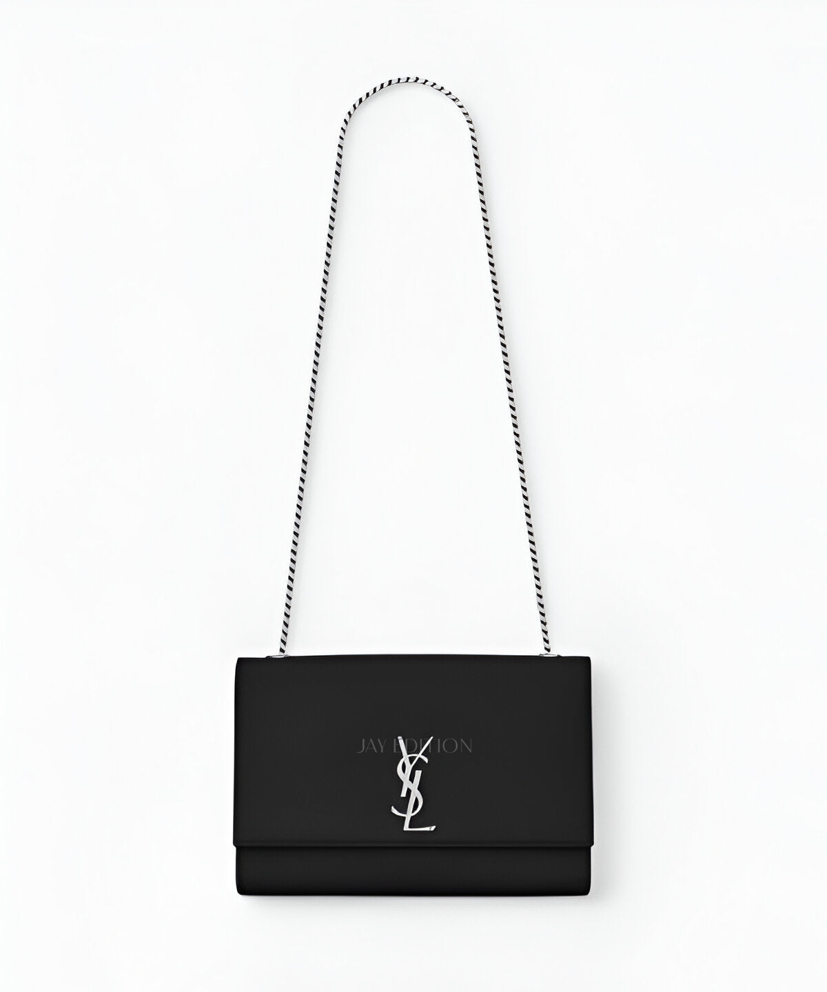 생로랑 케이트 사첼백 라지 블랙 카프스킨 YSL 로고 메탈 디테일 플랩 클로저 체인 스트랩 넉넉한 수납의 클래식 숄더백