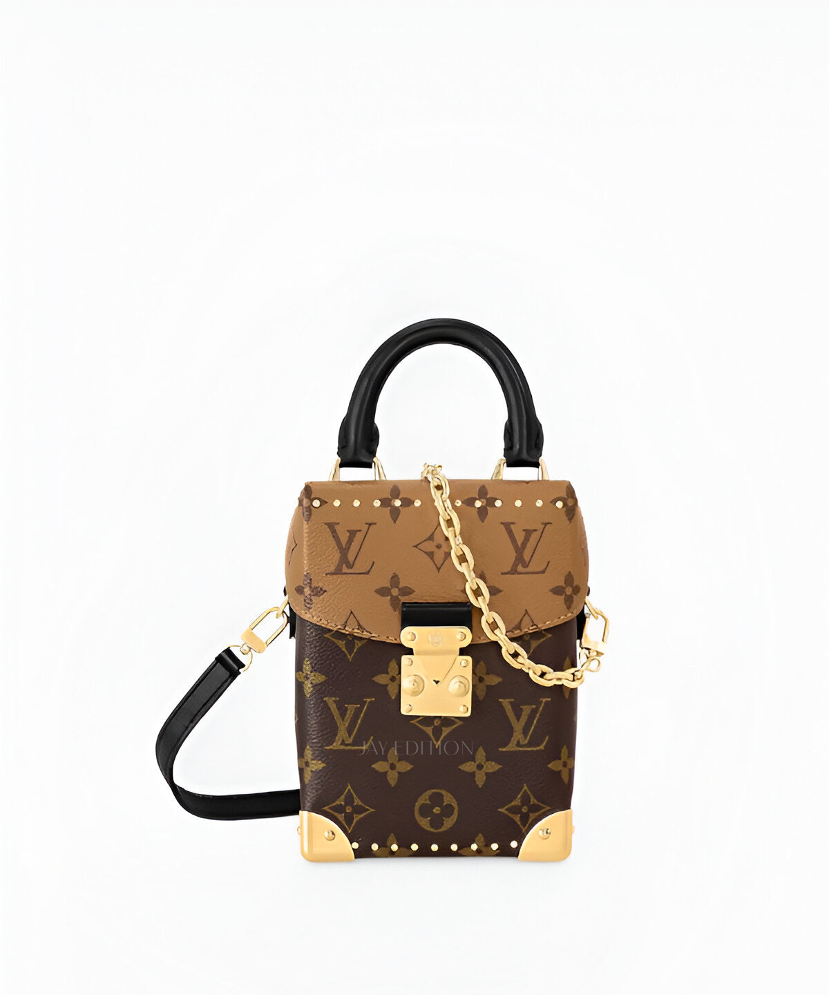 루이비통 카메라 박스 크로스백, 시그니처 모노그램 캔버스와 가죽 트리밍, 박스형 실루엣과 지퍼 클로저, 상단 핸들과 조절 가능한 숄더 스트랩, 내부 포켓이 포함된 구조로 토트·숄더·크로스백 연출이 가능한 컴팩트 럭셔리 백