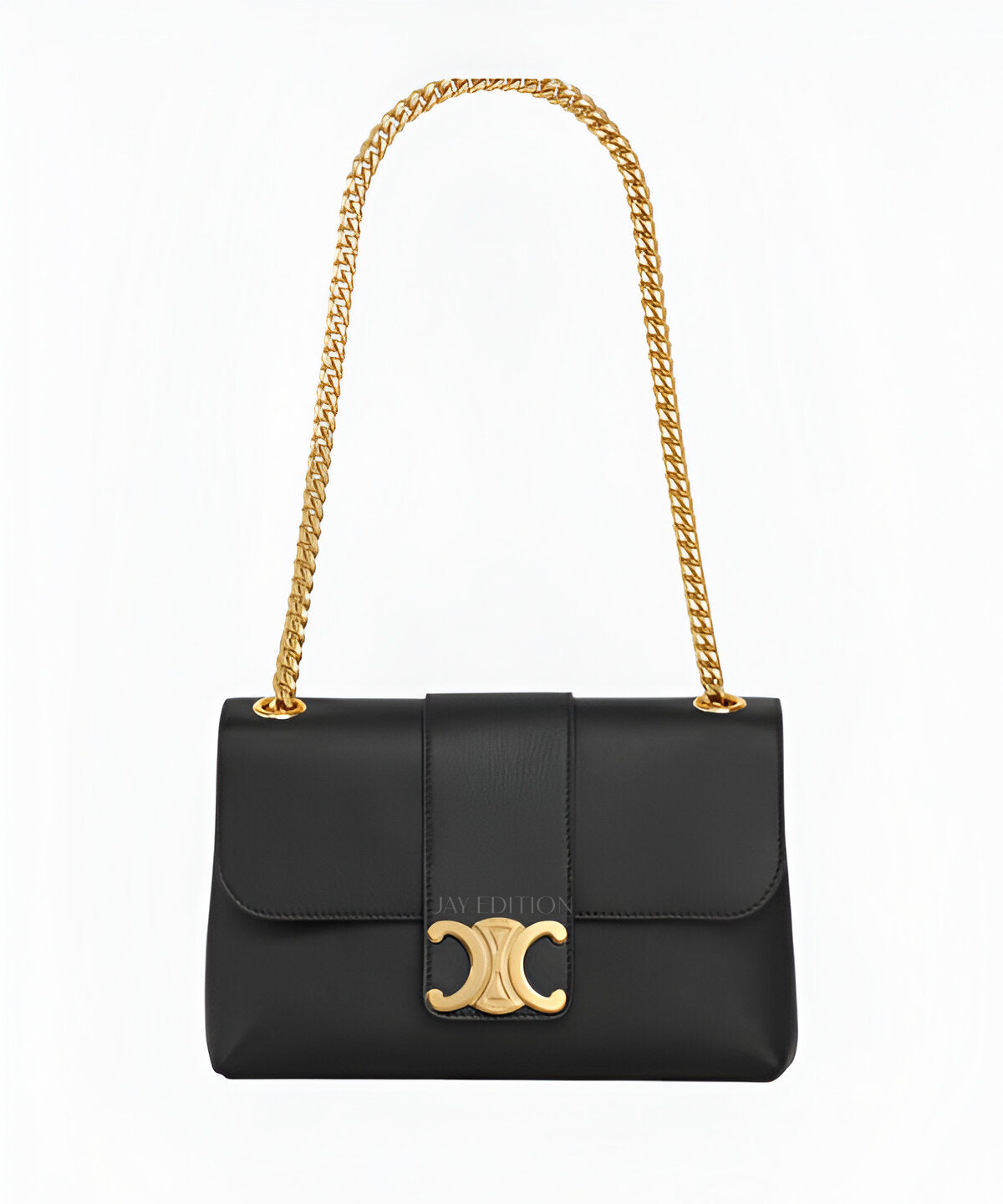 셀린느 빅투아르 체인백 미디움 블랙 카프스킨 가죽 플랩백 트리옹프 골드 메탈 장식 체인 스트랩