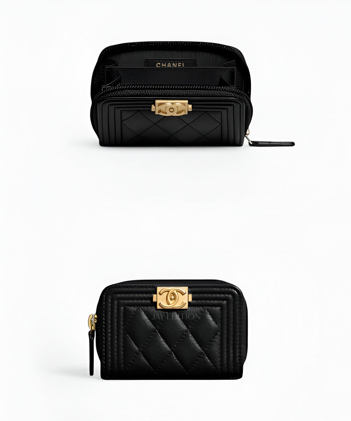 샤넬 보이 지퍼 반지갑 퀼팅 가죽 보이 메탈 디테일과 지퍼 클로징 디자인