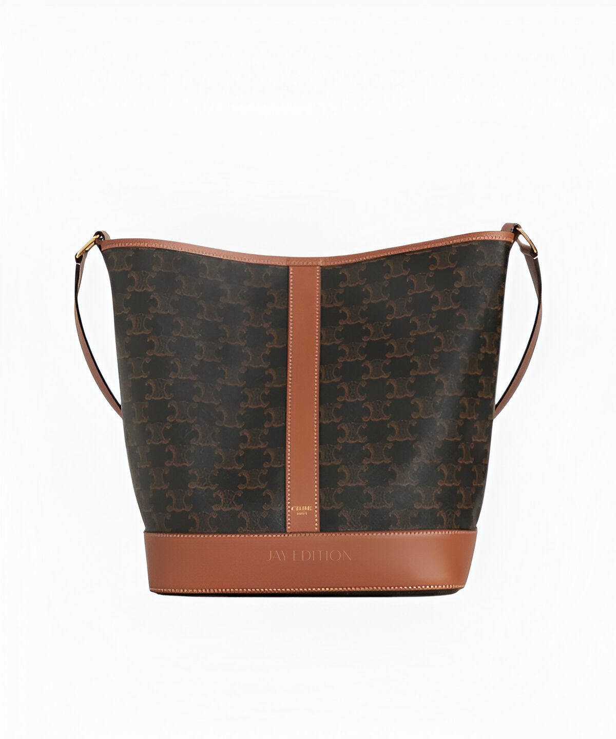 셀린느 트리옹프 버킷백 미디움 트리옹프 모노그램 코팅 캔버스 브라운 송아지 가죽 트리밍 JAY EDITION 각인 조절형 롱 숄더 스트랩