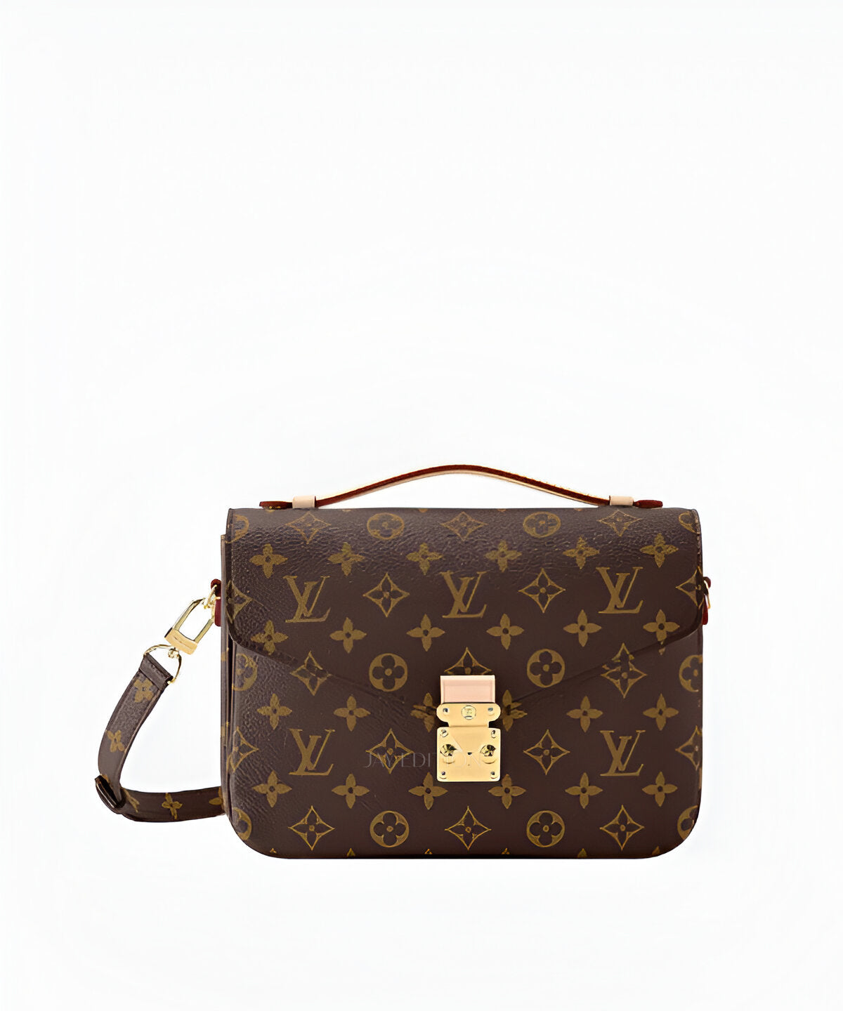 루이비통 포쉐트 메티스, 시그니처 모노그램 캔버스와 가죽 트리밍, 플랩 클로저와 골드 톤 S-락 잠금장치, 세 개의 내부 수납공간과 백 포켓 구성, 상단 핸들과 탈부착 가능한 조절형 숄더 스트랩으로 토트·숄더·크로스백 연출이 가능한 아이코닉한 사첼 스타일 럭셔리 백