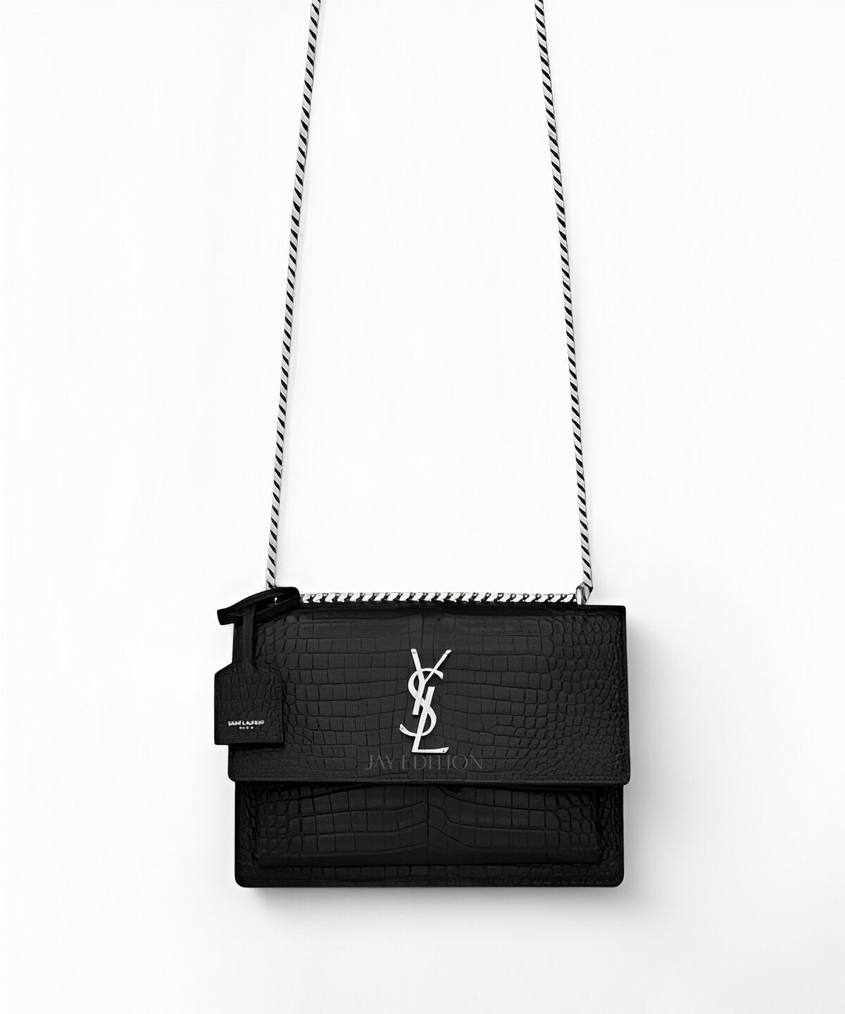 생로랑 크로커다일 선셋백 블랙 크로커다일 엠보싱 레더 YSL 로고 플랩 클로저 더블 컴파트먼트 체인 스트랩 고급스러운 숄더백