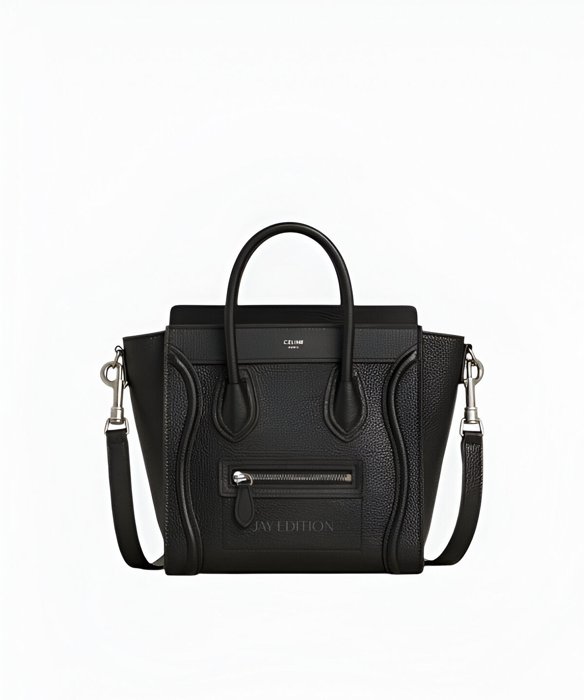 셀린느 러기지백 나노 블랙 그레인드 카프스킨 탑핸들 크로스바디 스트랩 프론트 지퍼 포켓 컴팩트한 구조적 디자인