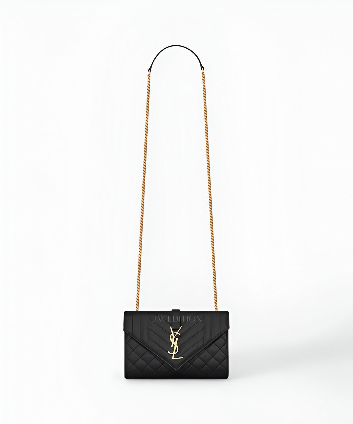 생로랑 엔벨로프 체인 숄더백 램스킨 스몰 블랙 퀼팅 램스킨 YSL 로고 플랩 클로저 체인 스트랩 컴팩트하고 우아한 숄더백