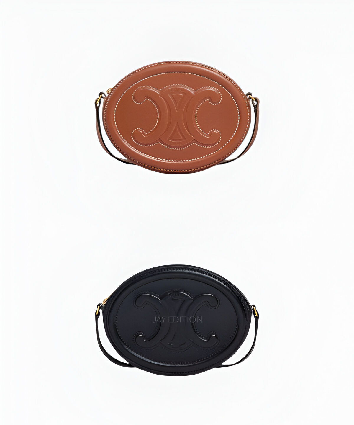 셀린느 퀴르 트리옹프 오벌백 타닐 브라운 및 블랙 컬러, 오벌 형태 송아지 가죽 바디, 정면 엠보싱 트리옹프 로고, 탈착 가능한 숄더 스트랩 포함