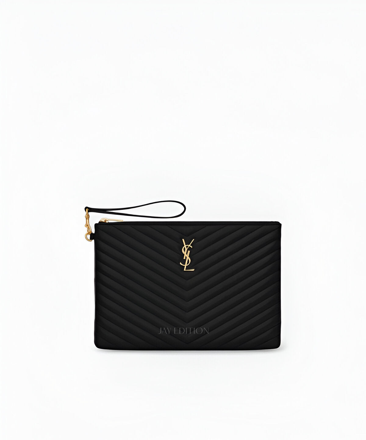 생로랑 모노그램 클러치 미디움 블랙 카프스킨 YSL 로고 메탈 디테일 지퍼 클로저 슬림하고 세련된 클러치 디자인