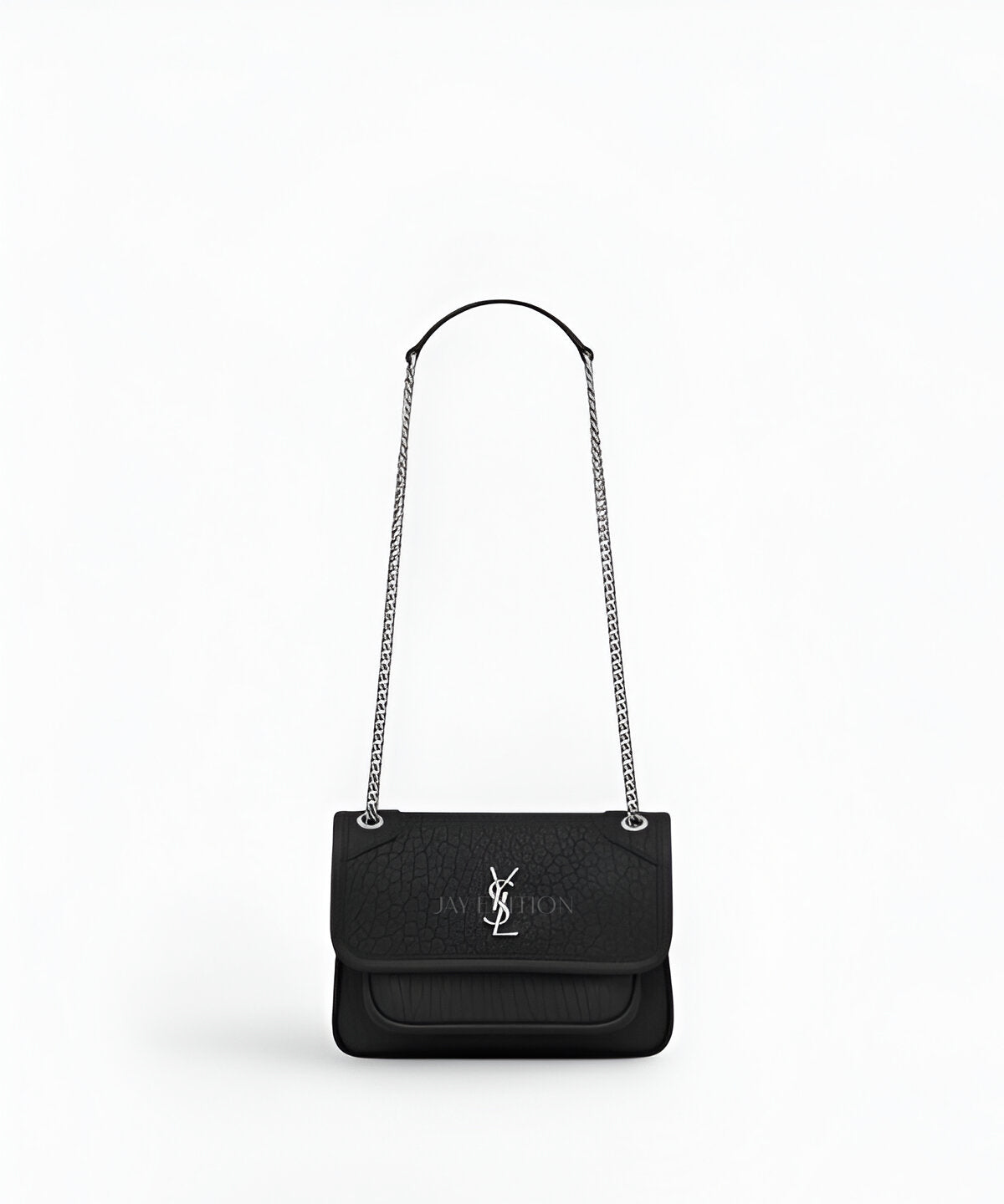 생로랑 니키백 베이비 그레인 램스킨 블랙 베이비 그레인 텍스처 램스킨 YSL 로고 플랩 클로저 체인 스트랩 컴팩트한 숄더백